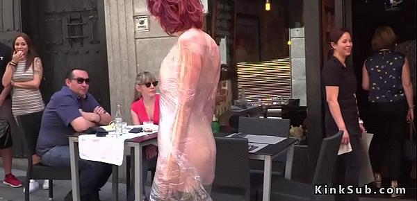 Babe wrapped in plastic in public